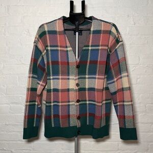 Abercrombie & Fitch Plaid Button-Up Oversized Cardigan Forest Green Rose Navy